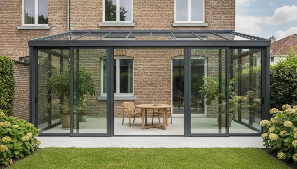 véranda récente accolée à une maison bruxelloise, une annexe qui augmente le revenu cadastral